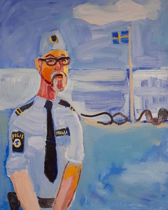 Henrik Olsson, Självporträtt som polis, 2021, akryl och olja på duk, 80x60 cm.